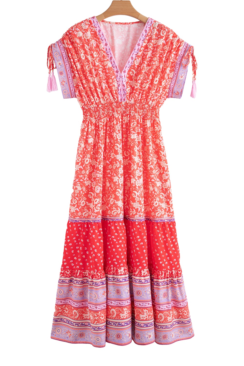 Red Floral Print Tasseled Tied Sleeve Empire Waist Maxi Dress