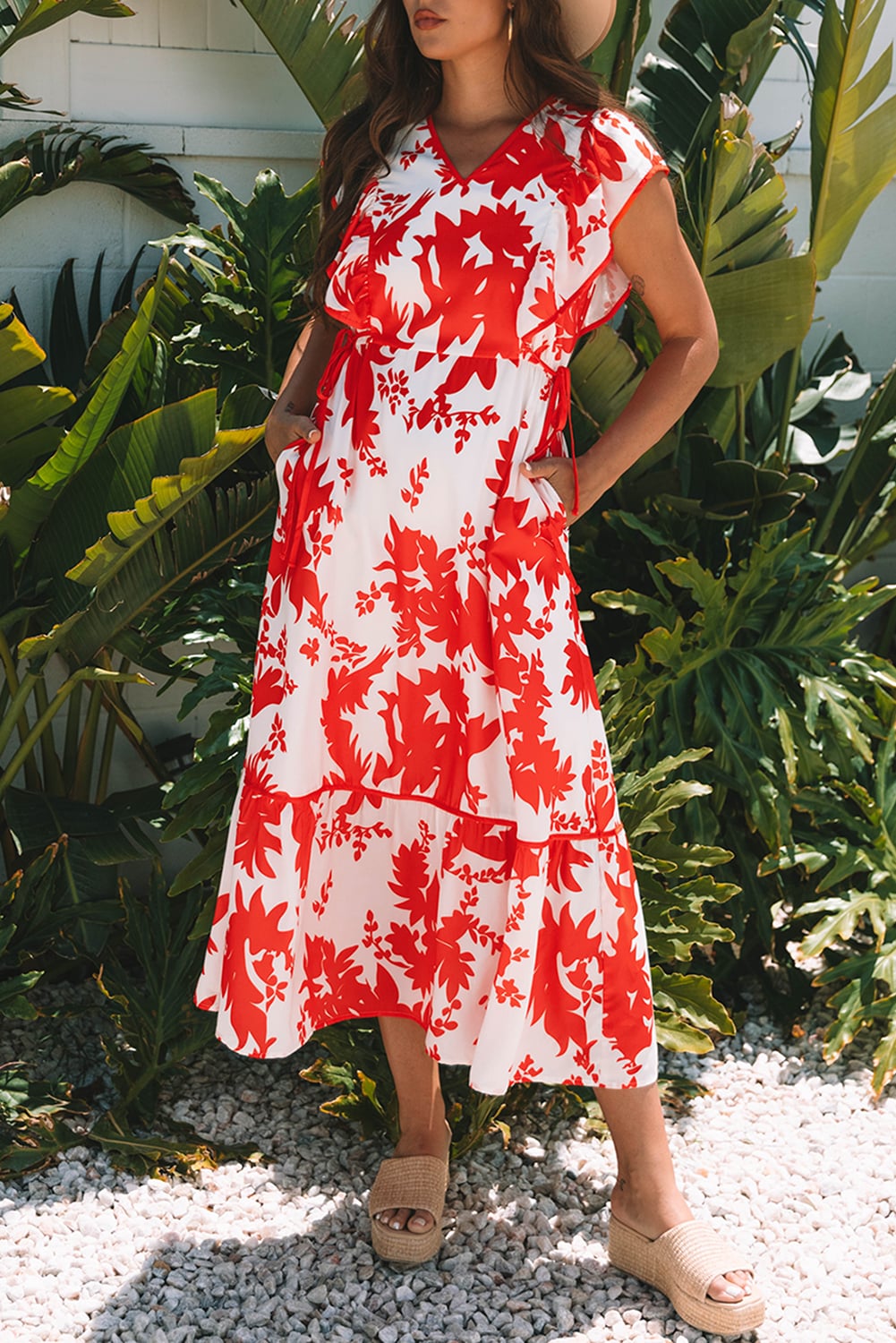 Red Floral Print Trimmed V Neck Ruffle Sleeve Long Dress