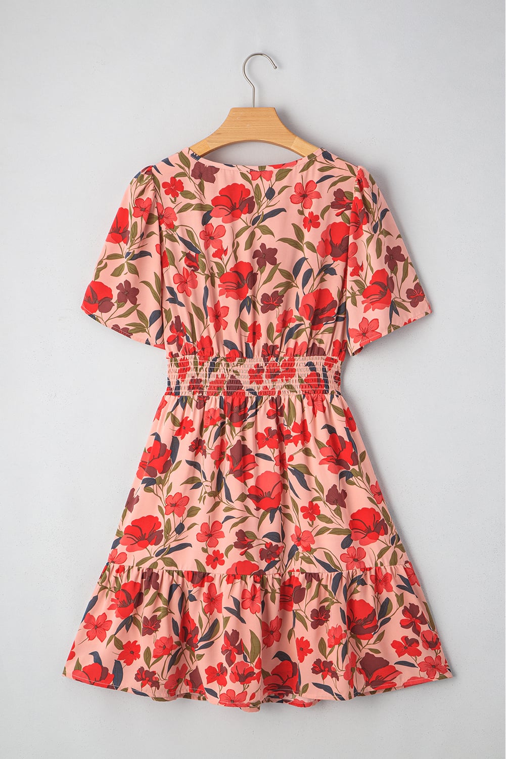 Red Floral Print Wrap V Neck Short Sleeve High Waistband Mini Dress