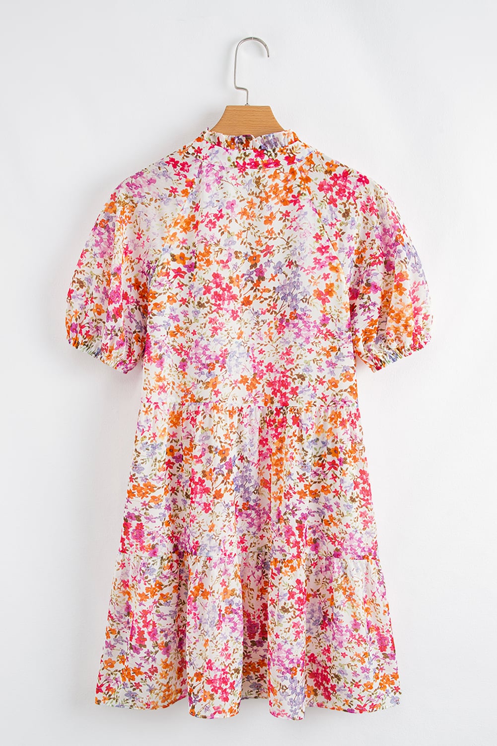 Red Floral Puff Sleeve Notched V Neck Tiered Mini Dress