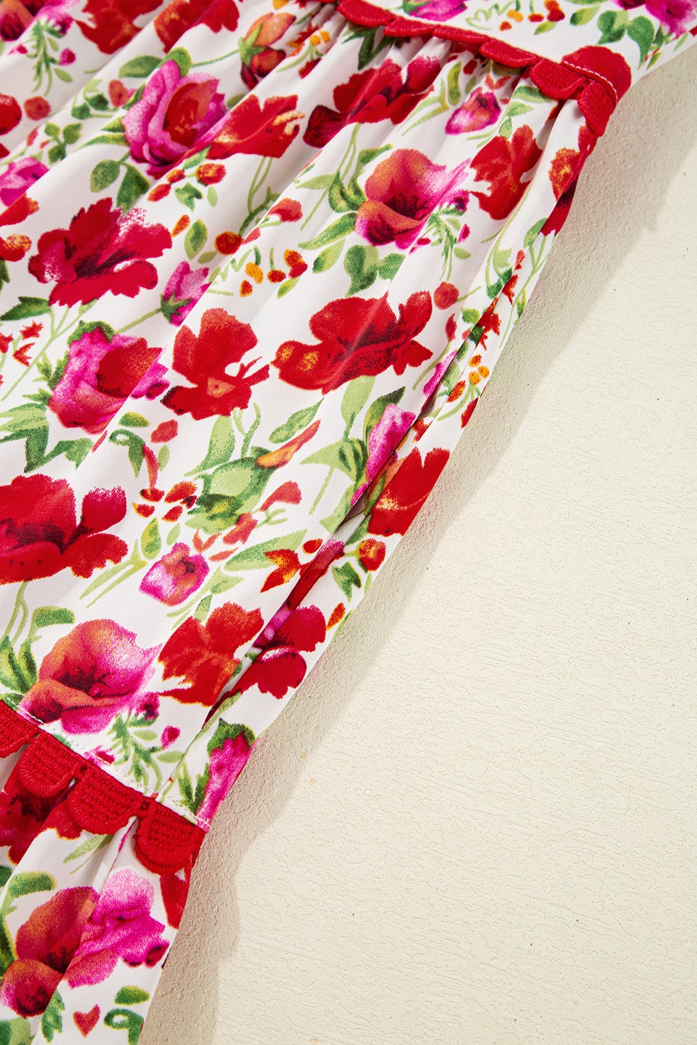 Red Floral Puff Sleeve Tiered Ric Rac Pocketed Mini Dress