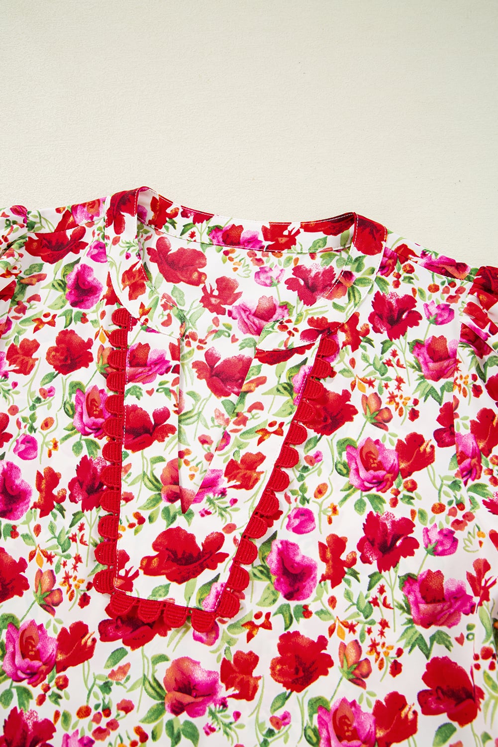 Red Floral Puff Sleeve Tiered Ric Rac Pocketed Mini Dress