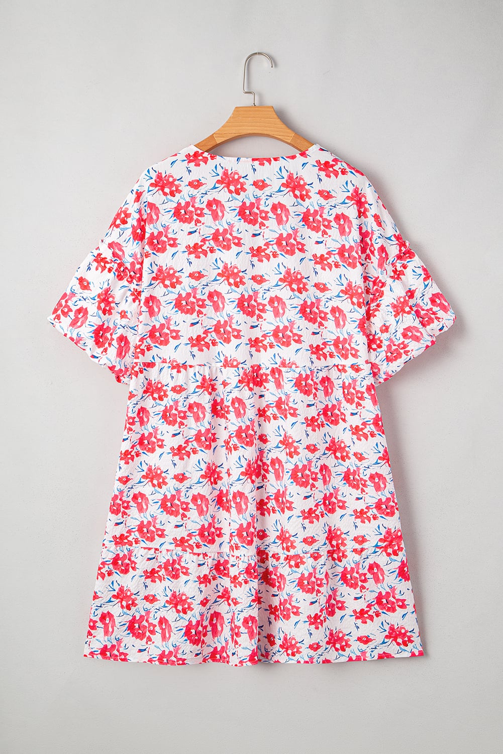 Red Floral Ruffled Half Sleeve V Neck Plus Size Dress
