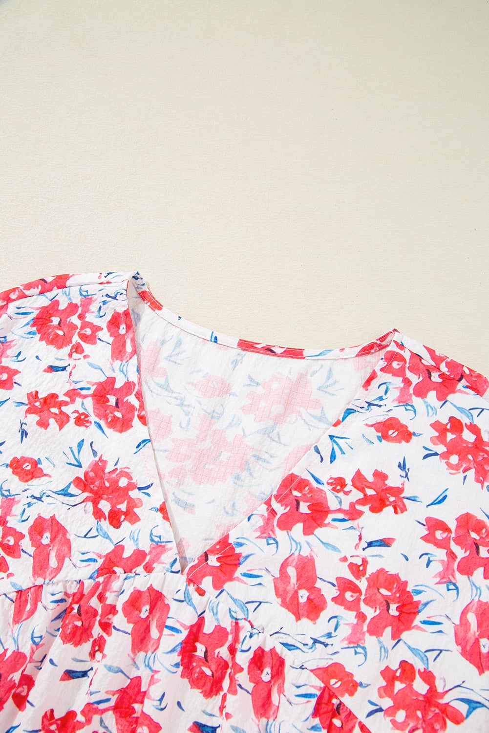 Red Floral Ruffled Half Sleeve V Neck Plus Size Dress