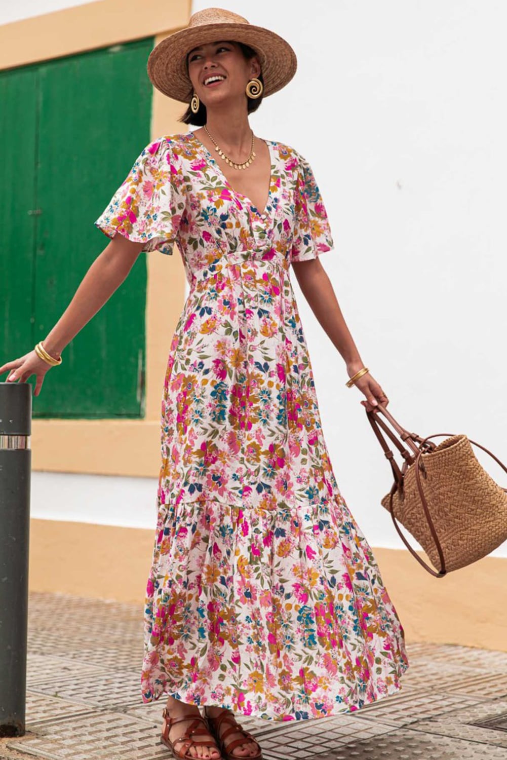 Red Floral Short Sleeve V Neck High Waist Maxi Dress