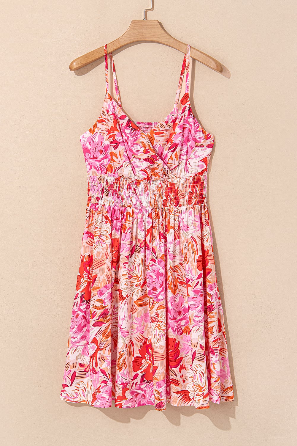 Red Floral Spaghetti Strap Surplice Neck Shirred Waist Mini Dress