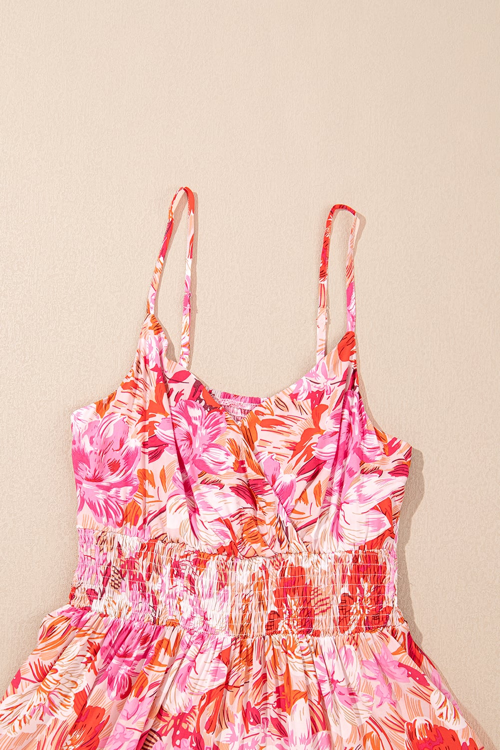 Red Floral Spaghetti Strap Surplice Neck Shirred Waist Mini Dress
