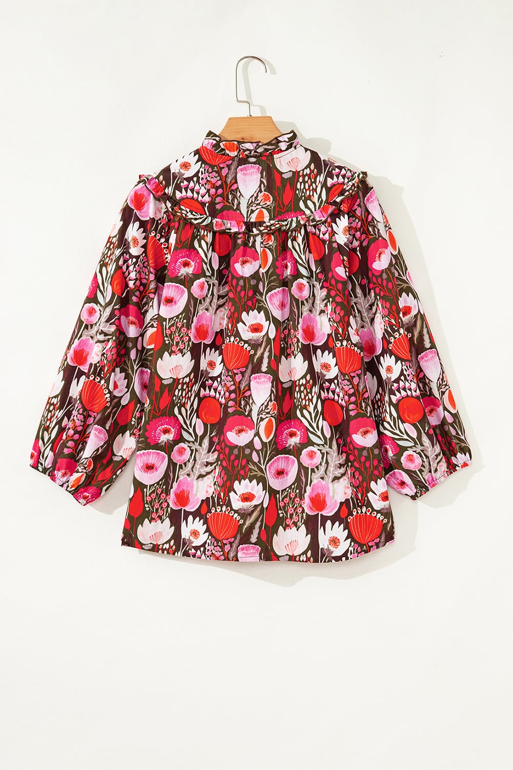 Red Floral Three Quarter Sleeve Lace-up Neck Blouse