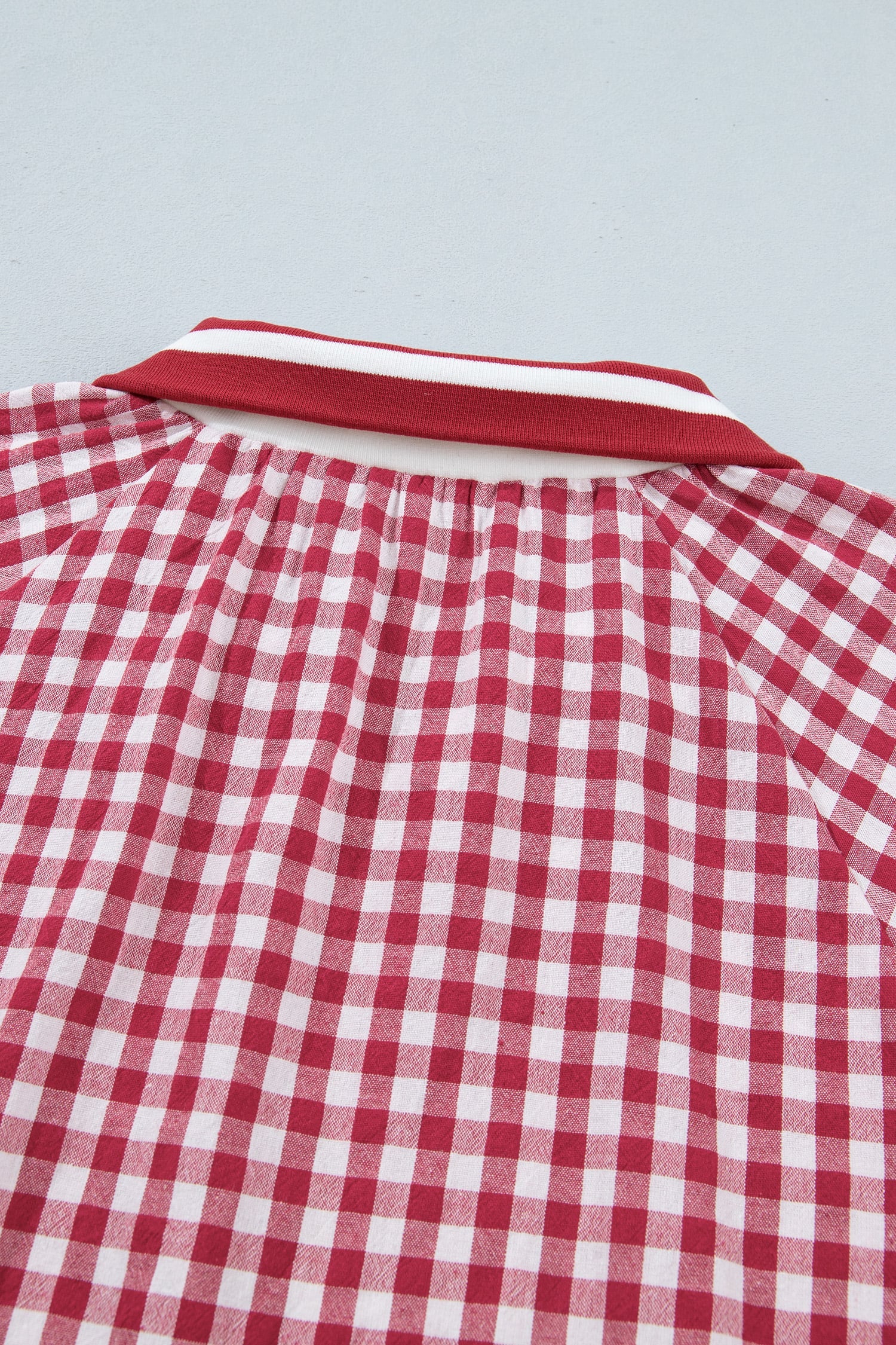 Red Gingham Striped Patchwork Half Zip Blouse