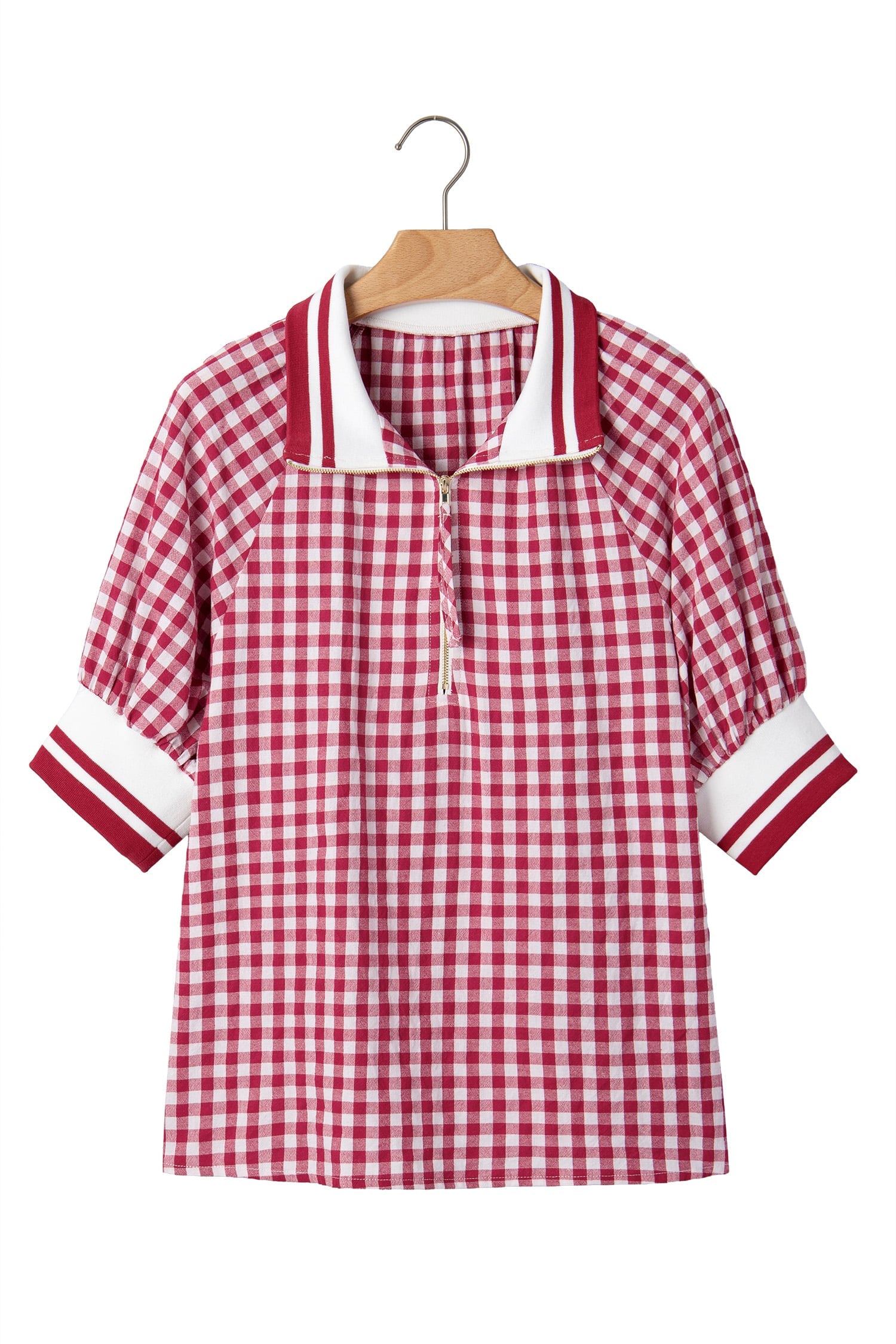 Red Gingham Striped Patchwork Half Zip Blouse