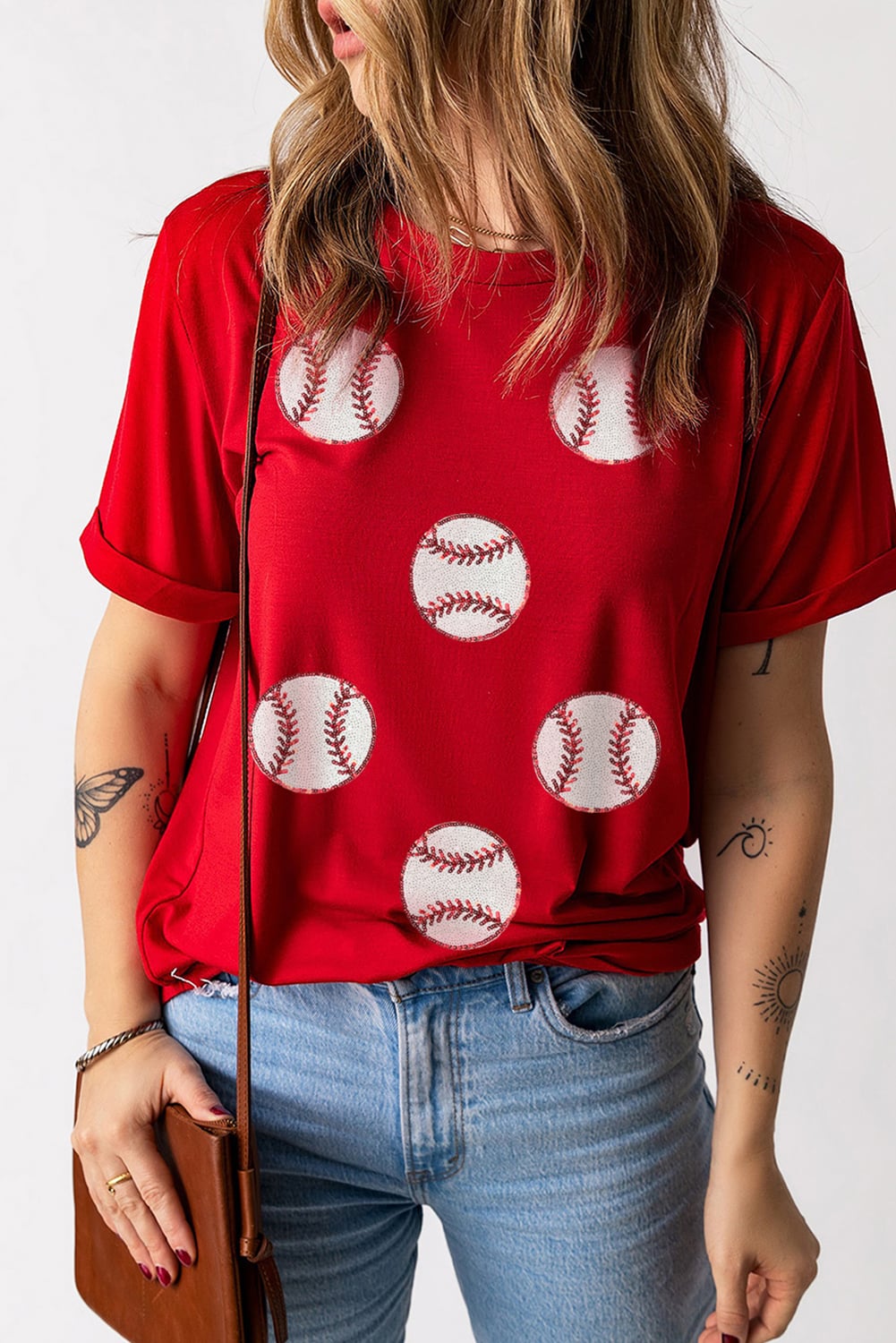 Red Glittering Rugby Pattern Crew Neck Game Day T Shirt