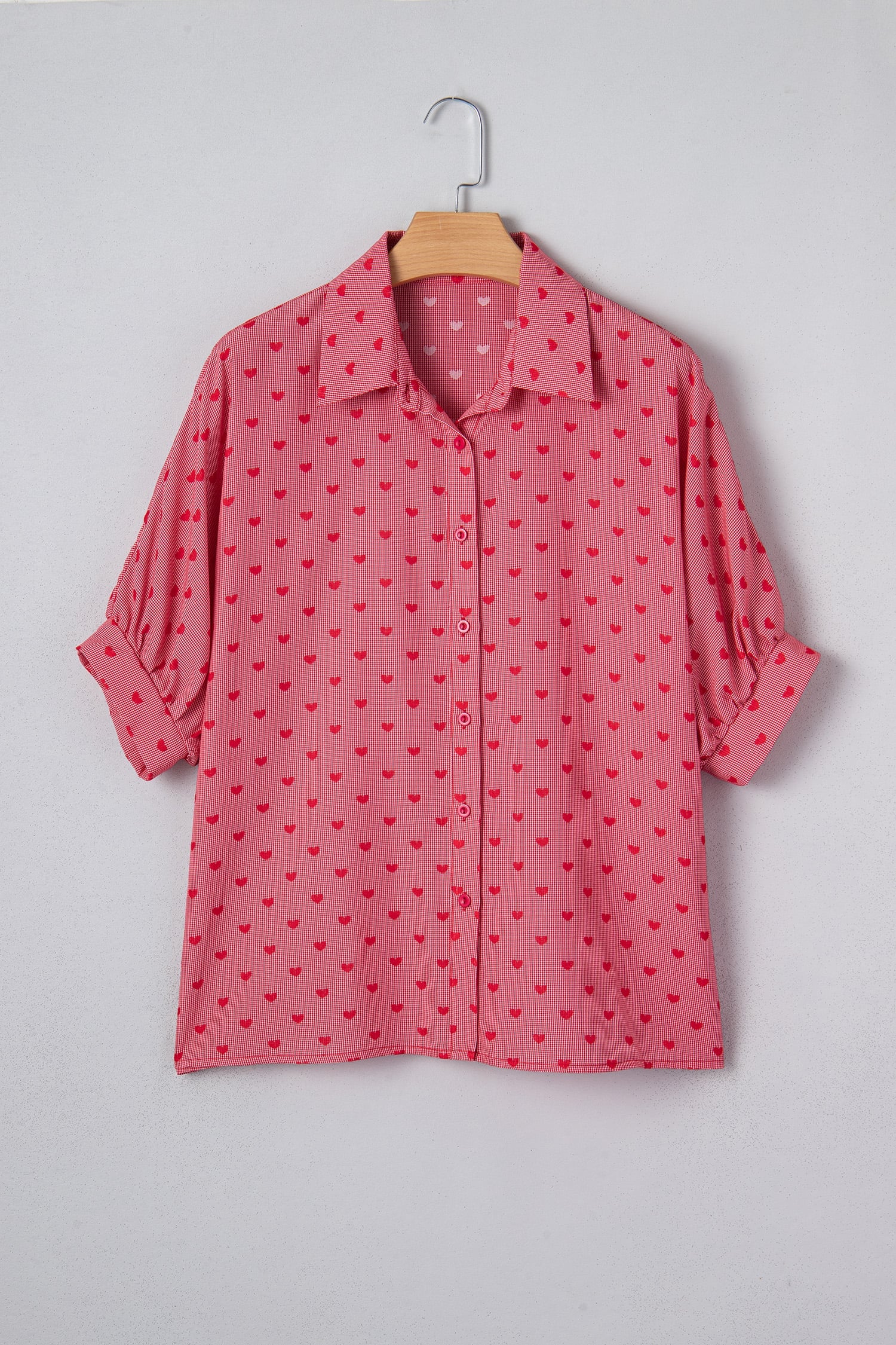 Red Heart Shape Print Half Sleeve Loose Valentine Shirt
