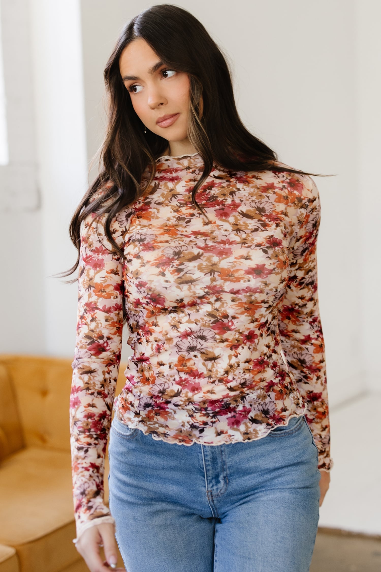 Red Lettuce Trim Floral Print Mesh Long Sleeve Top