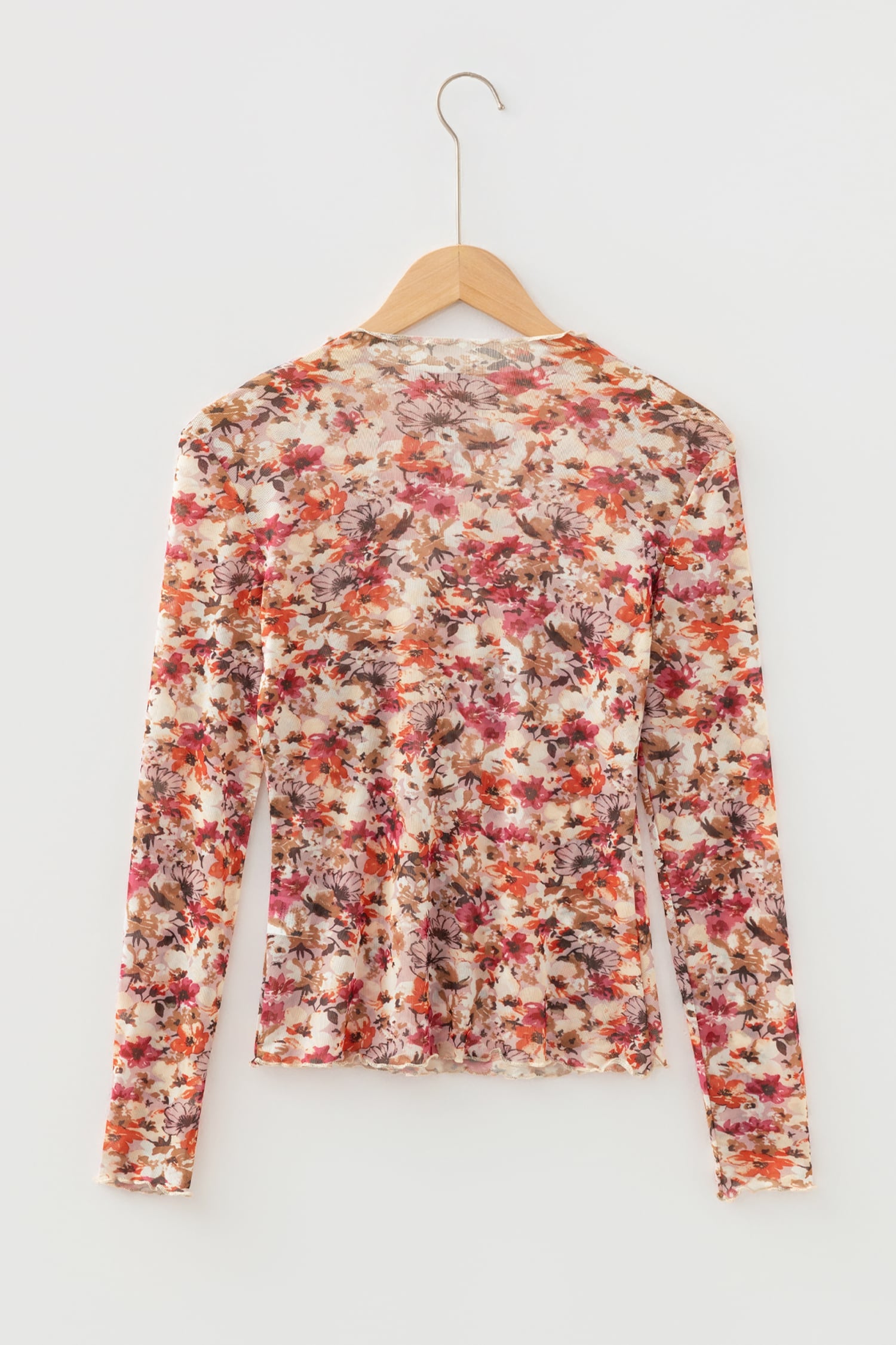 Red Lettuce Trim Floral Print Mesh Long Sleeve Top