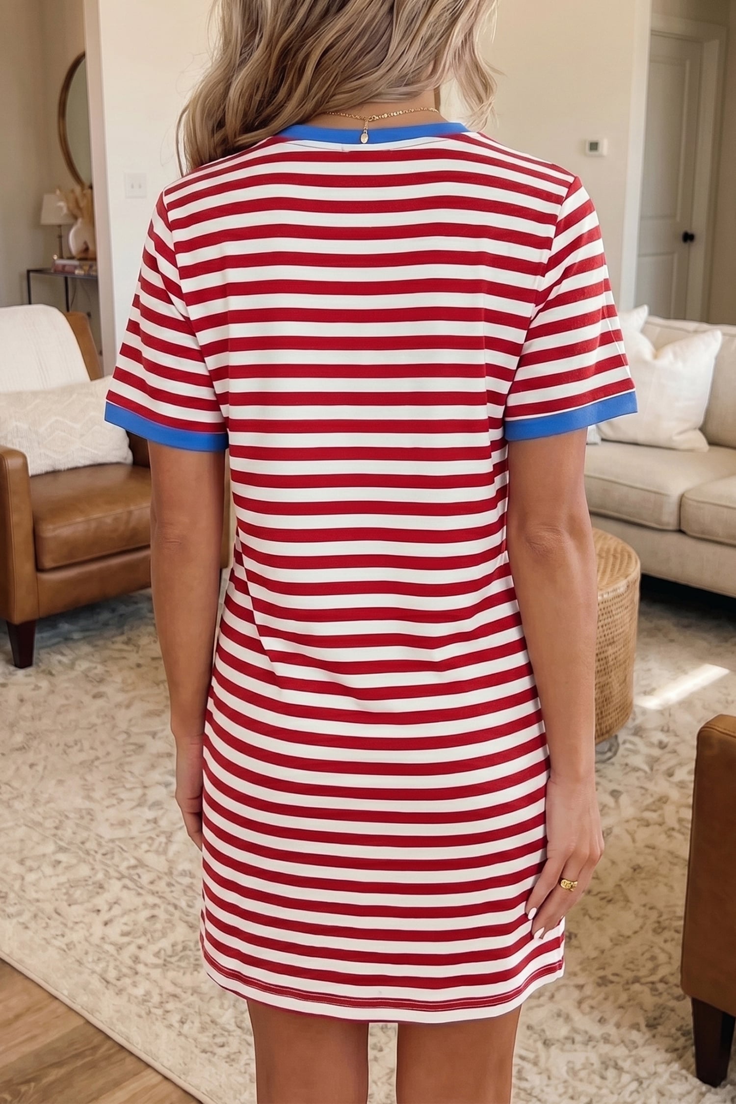 Red Nautical Tie Contrast Trim Round Neck T Shirt Mini Dress