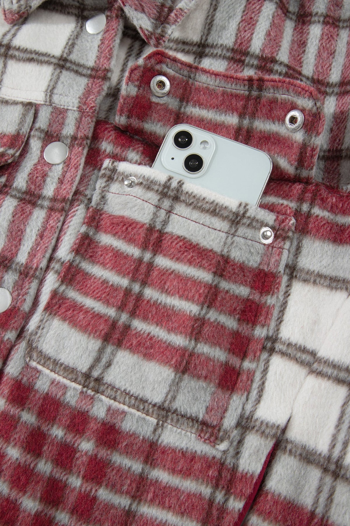 Red Plaid Flannel Metal Button Collar Long Sleeve Vintage Shift Jacket