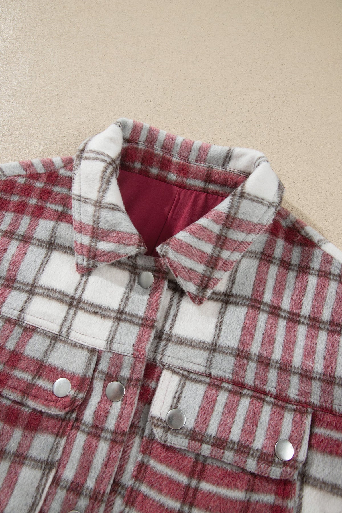 Red Plaid Flannel Metal Button Collar Long Sleeve Vintage Shift Jacket