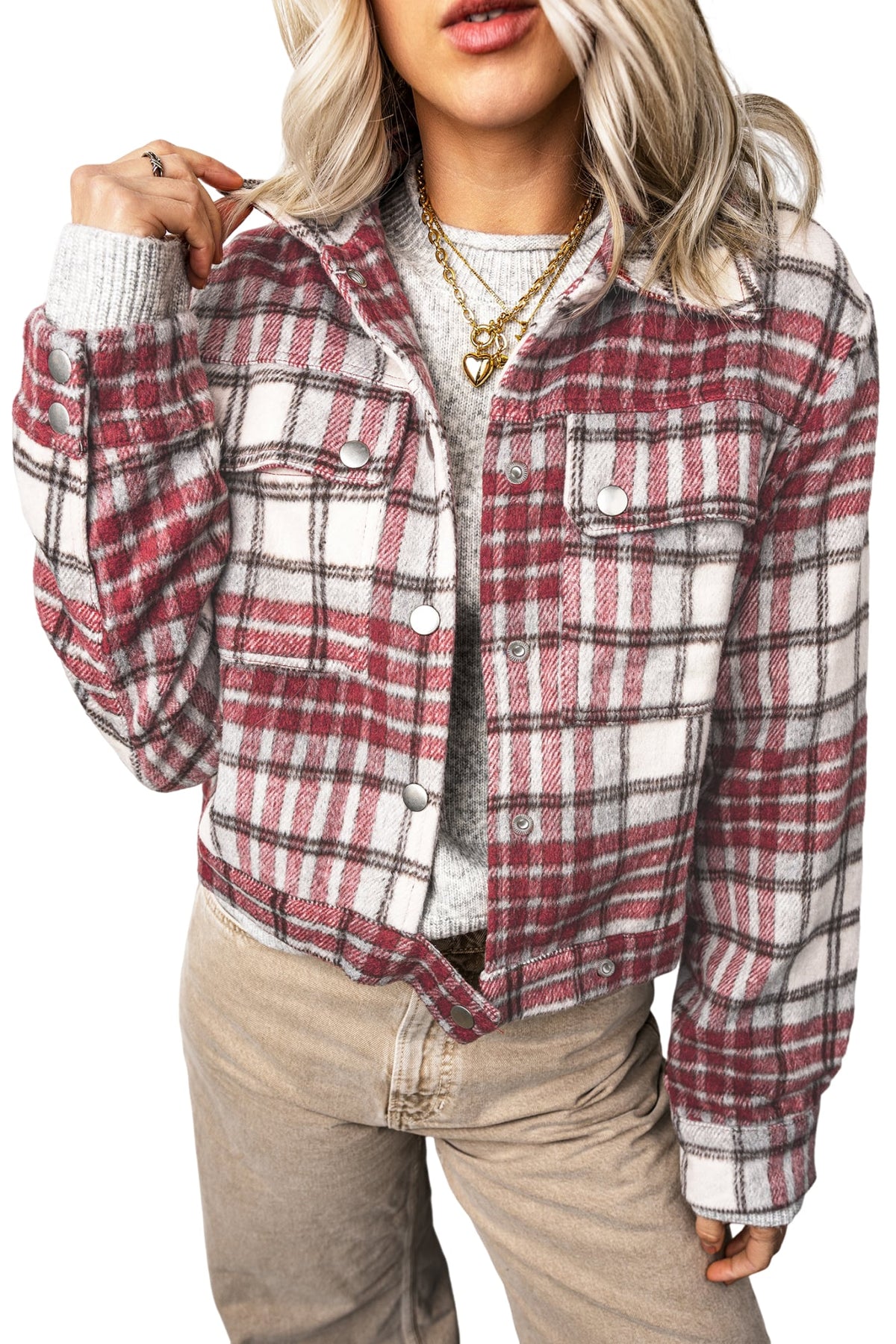 Red Plaid Flannel Metal Button Collar Long Sleeve Vintage Shift Jacket