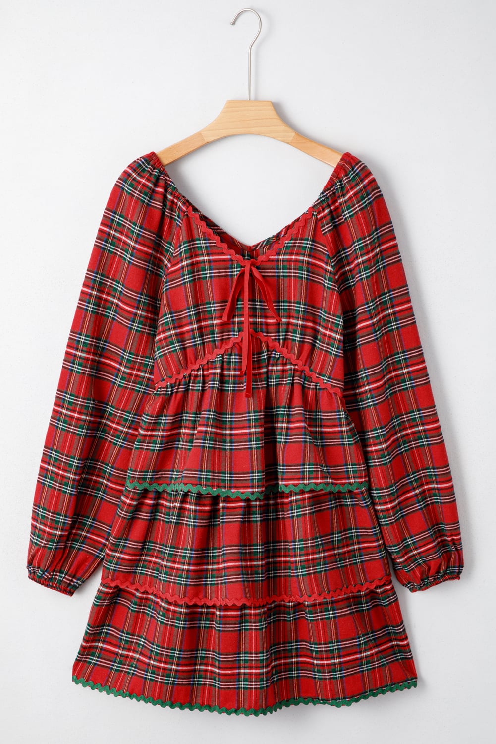 Red Plaid Print Ricrac Tiered Bubble Sleeve Mini Dress