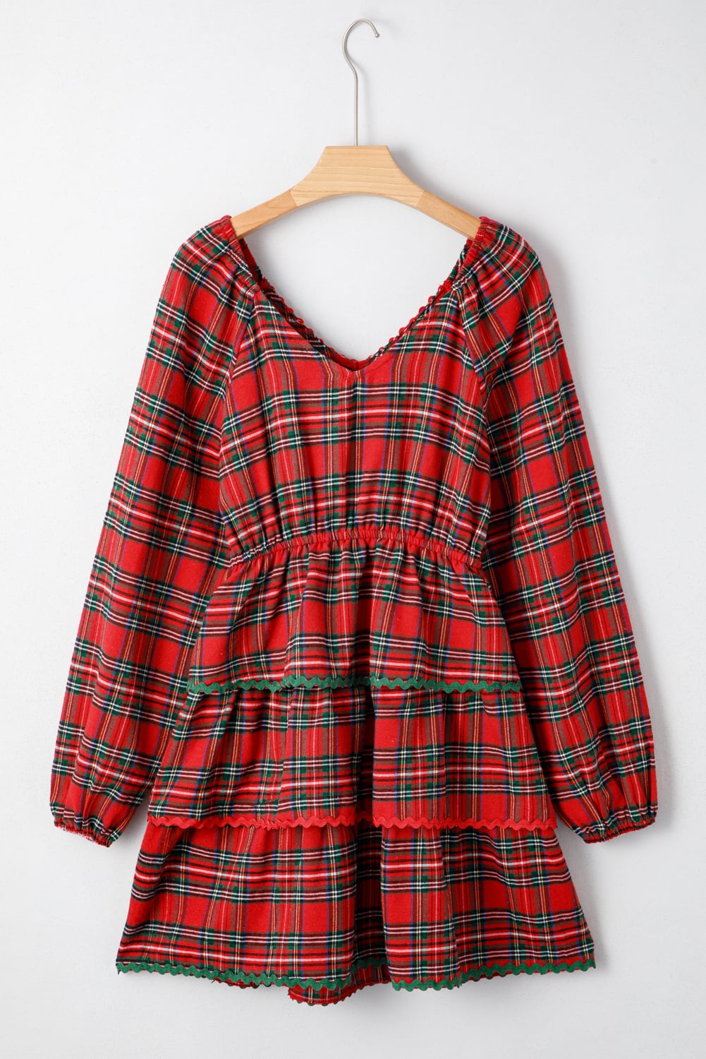 Red Plaid Print Ricrac Tiered Bubble Sleeve Mini Dress