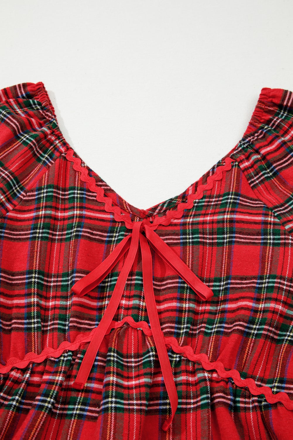 Red Plaid Print Ricrac Tiered Bubble Sleeve Mini Dress