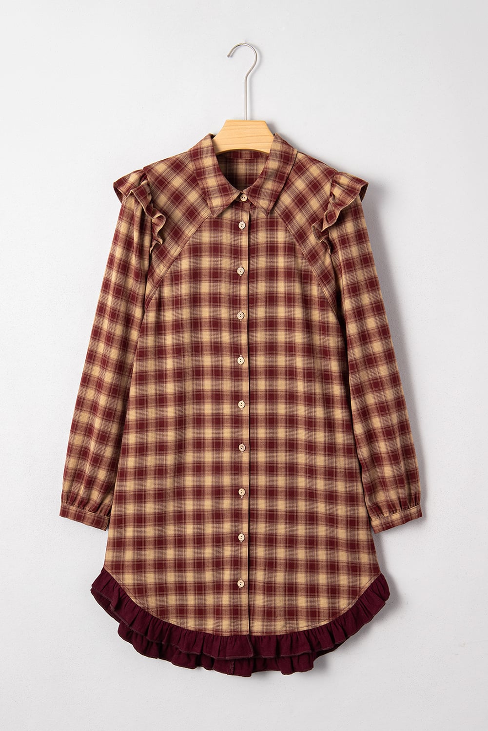 Red Plaid Print Ruffled Long Sleeve Patchwork Hem Mini Shirt Dress