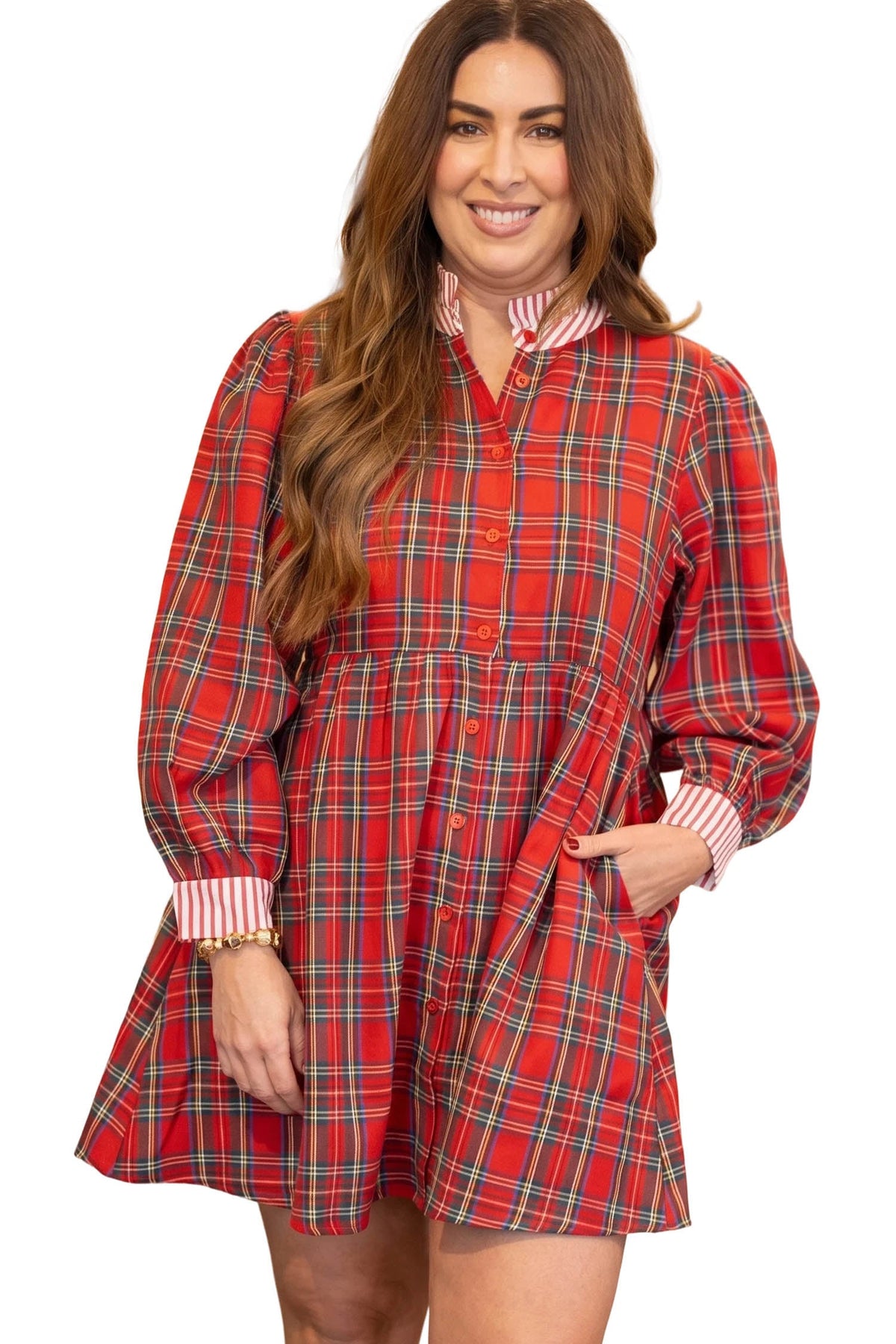 Red Plaid Striped V Neck Collar Cuff Details Shift Plus Size Dress