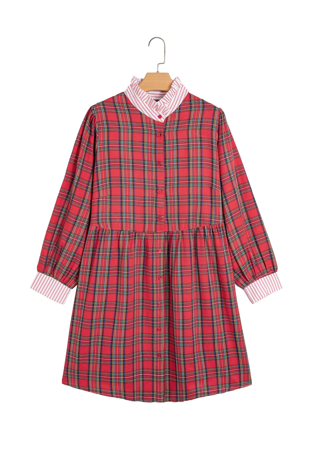 Red Plaid Striped V Neck Collar Cuff Details Shift Plus Size Dress