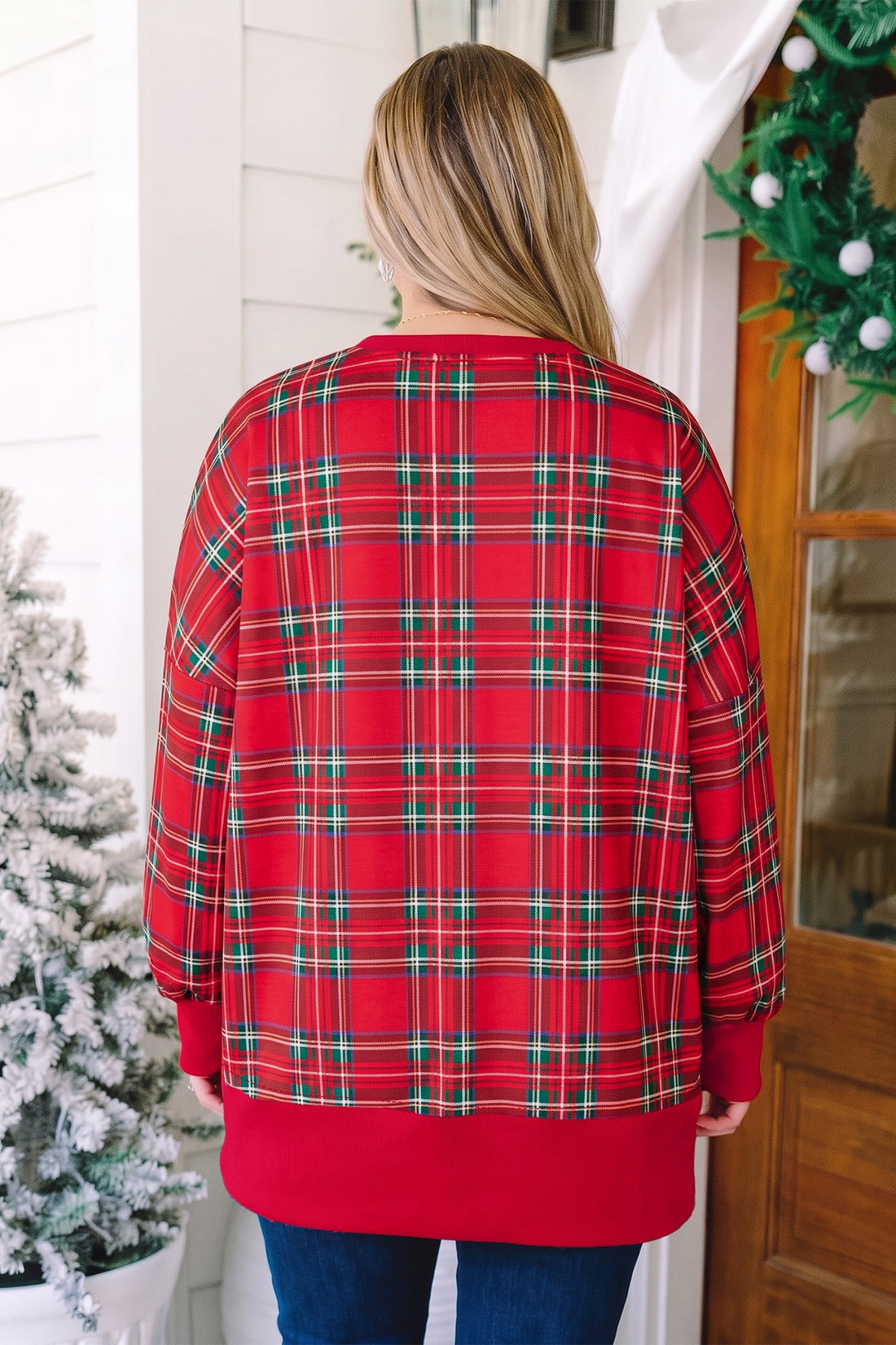 Red Plus Size Festive Plaid Long Sleeve Split Tunic Sweatshirt