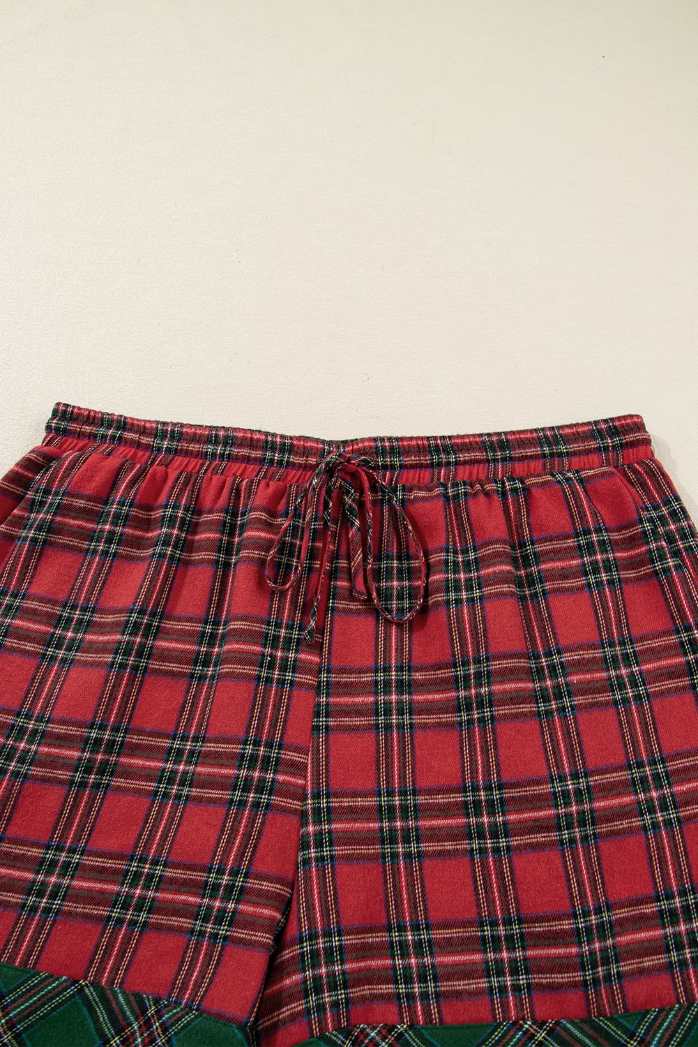 Red Plus Size Plaid Contrast Patchwork Long Sleeve Shirt and Shorts 2pcs Pajama Set