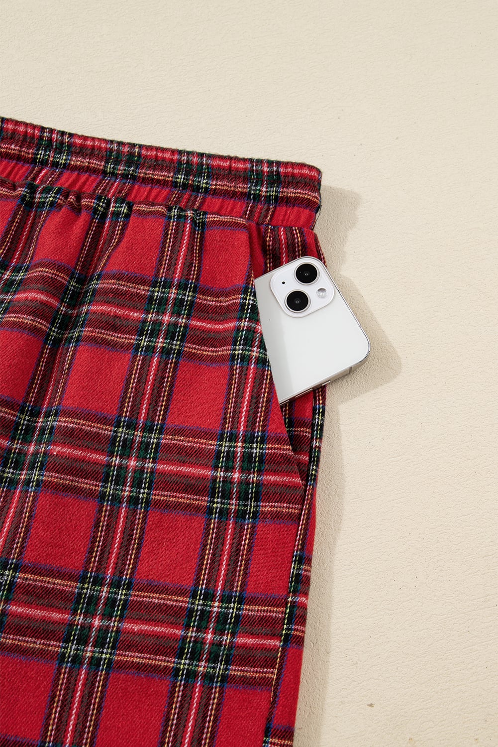 Red Plus Size Plaid Contrast Patchwork Long Sleeve Shirt and Shorts 2pcs Pajama Set