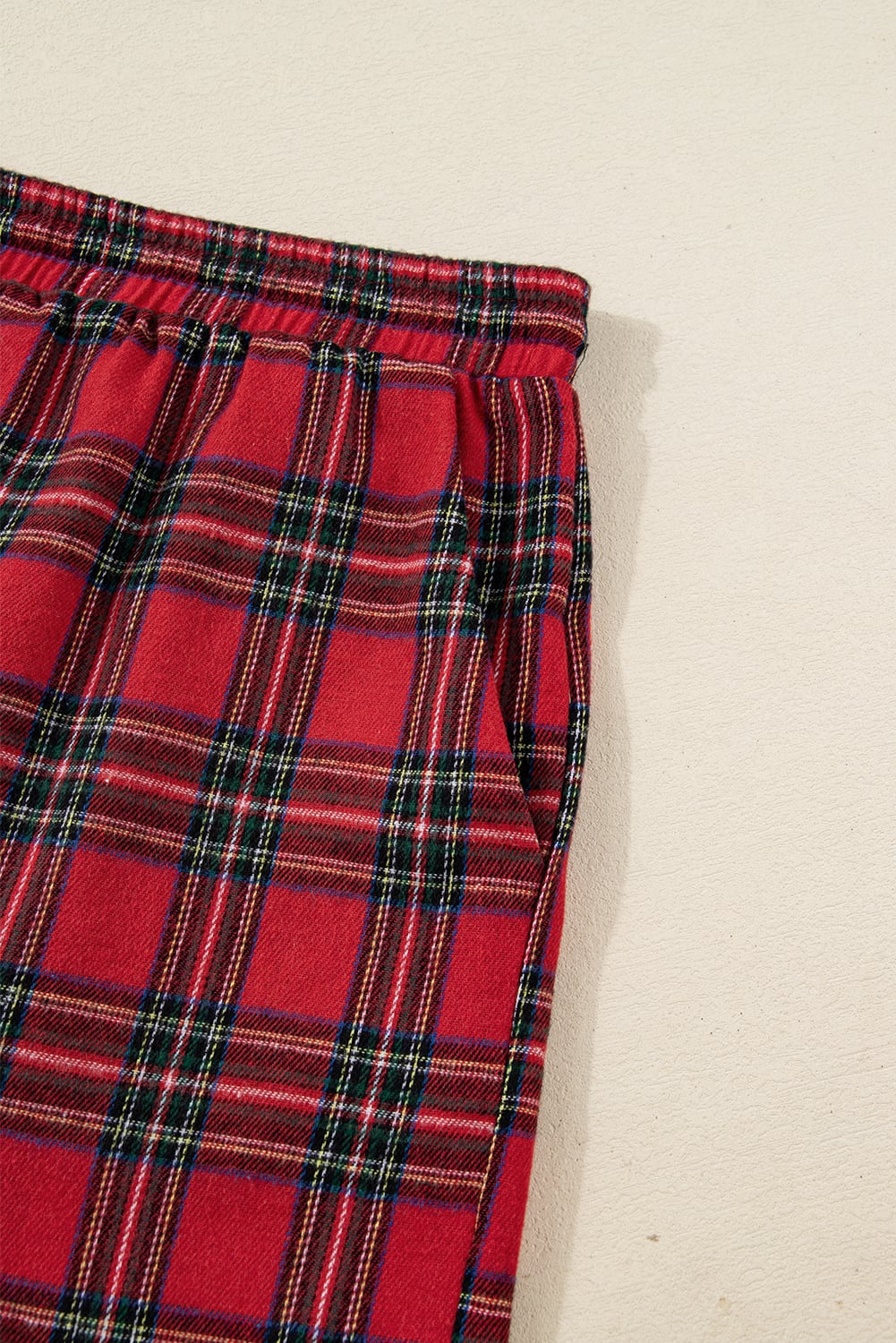 Red Plus Size Plaid Contrast Patchwork Long Sleeve Shirt and Shorts 2pcs Pajama Set
