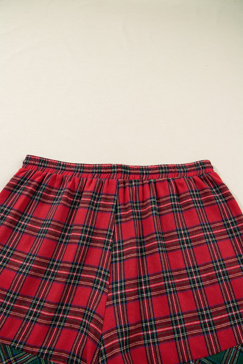 Red Plus Size Plaid Contrast Patchwork Long Sleeve Shirt and Shorts 2pcs Pajama Set