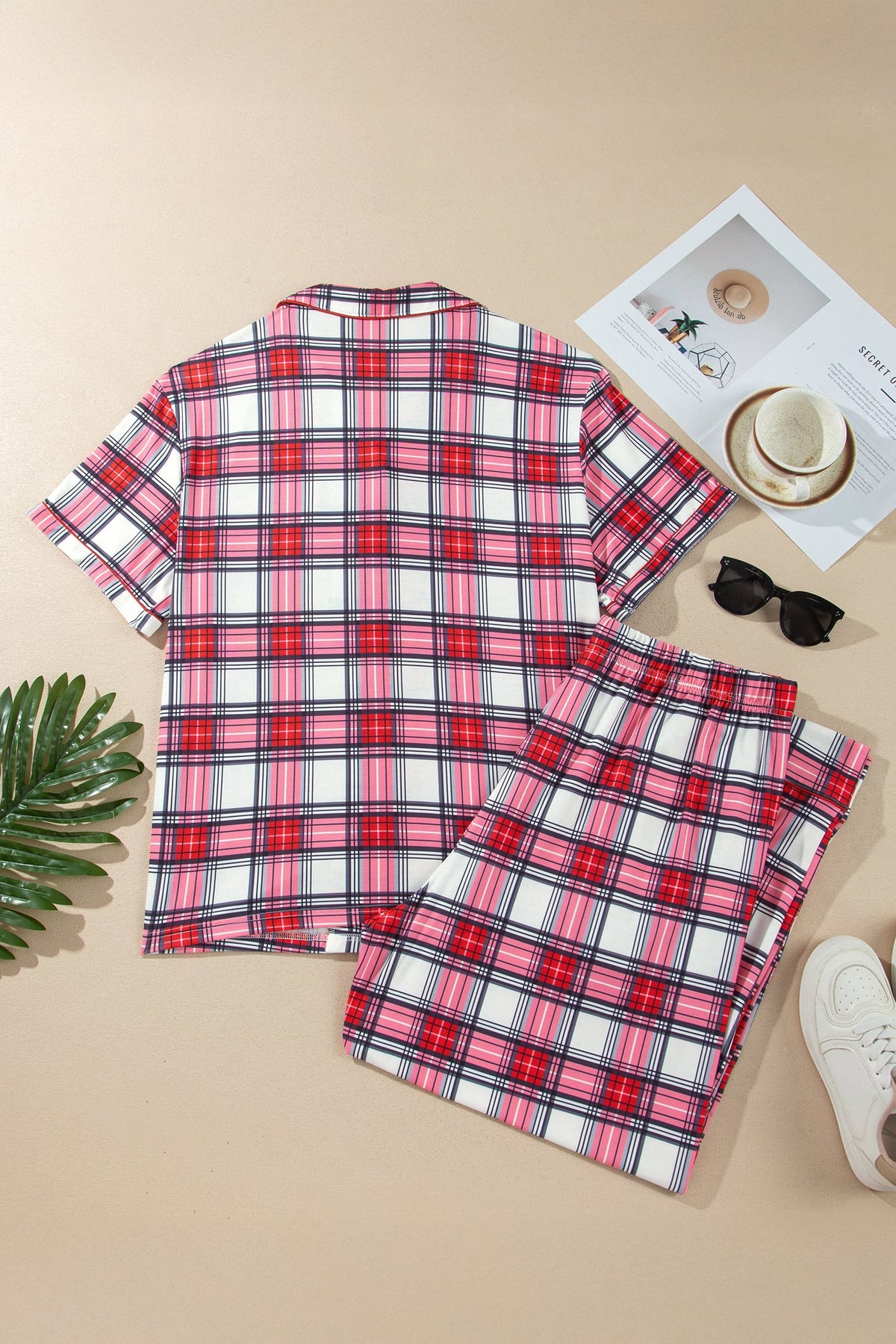 Red Plus Size Short Sleeve Button Down Plaid Pajama 2pcs Pant Set