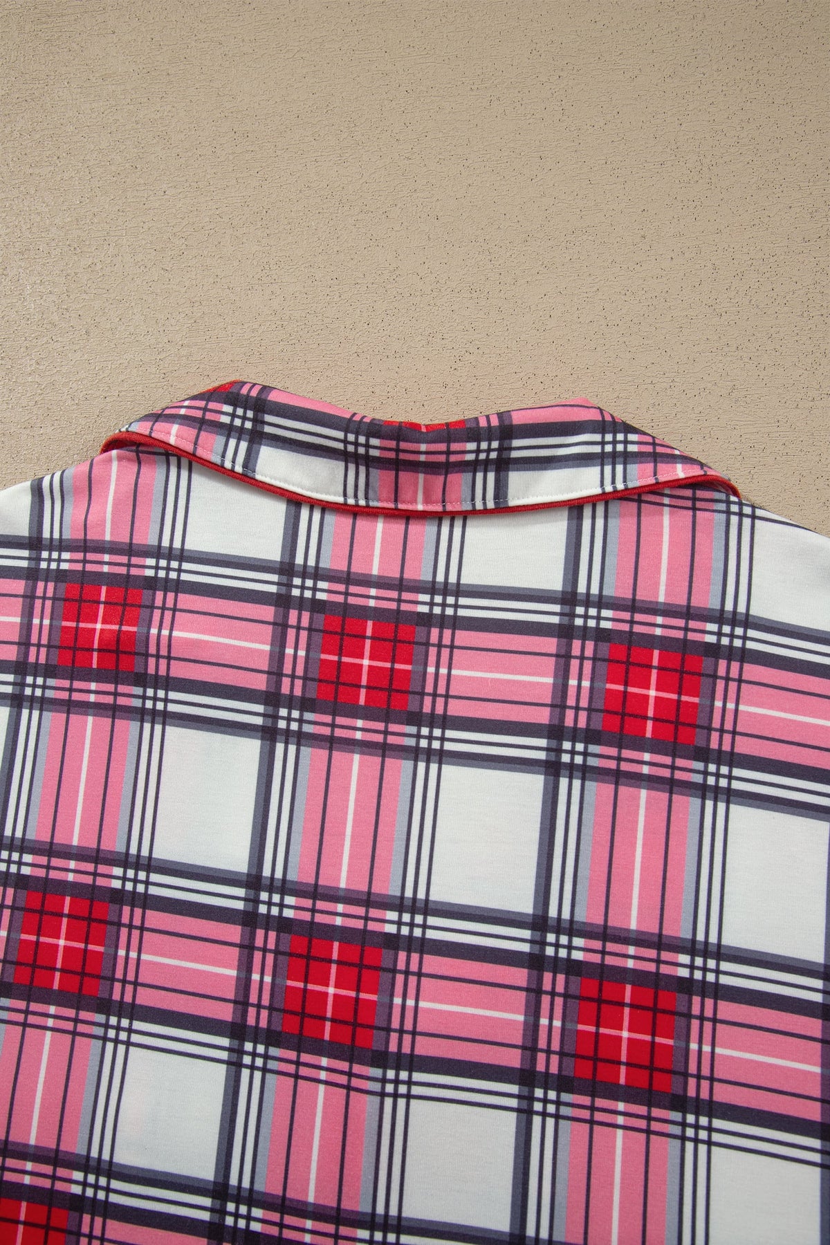 Red Plus Size Short Sleeve Button Down Plaid Pajama 2pcs Pant Set