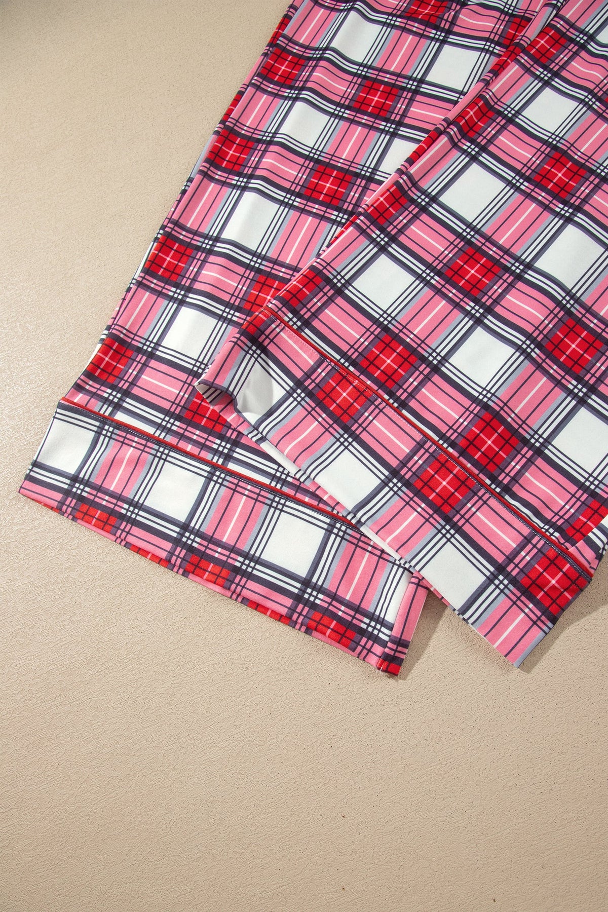 Red Plus Size Short Sleeve Button Down Plaid Pajama 2pcs Pant Set