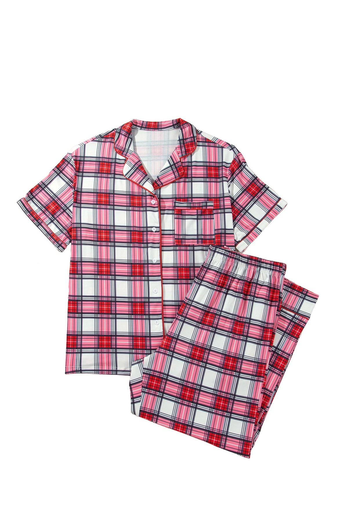 Red Plus Size Short Sleeve Button Down Plaid Pajama 2pcs Pant Set