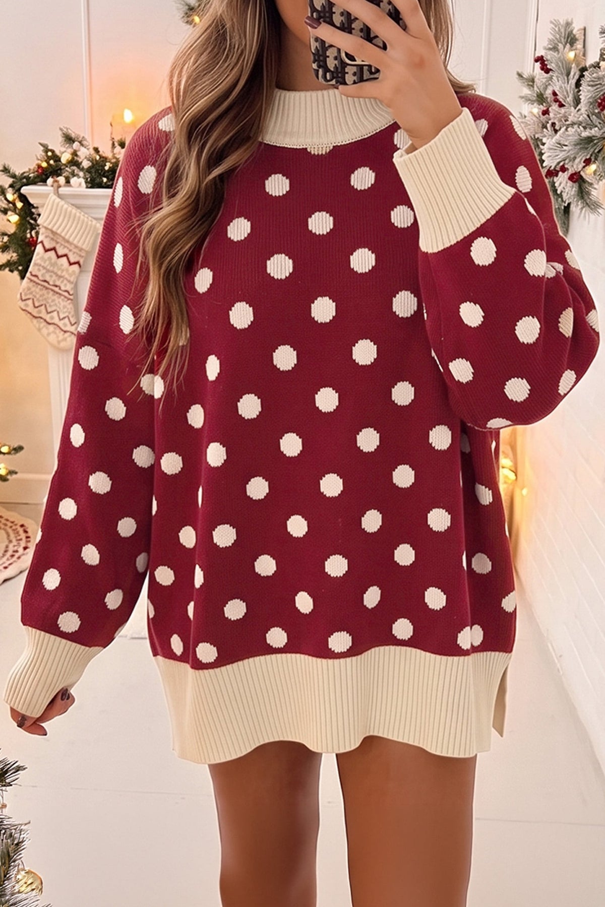 Red Polka Dot Pattern Ribbed Colorblock Trim Split Tunic Sweater