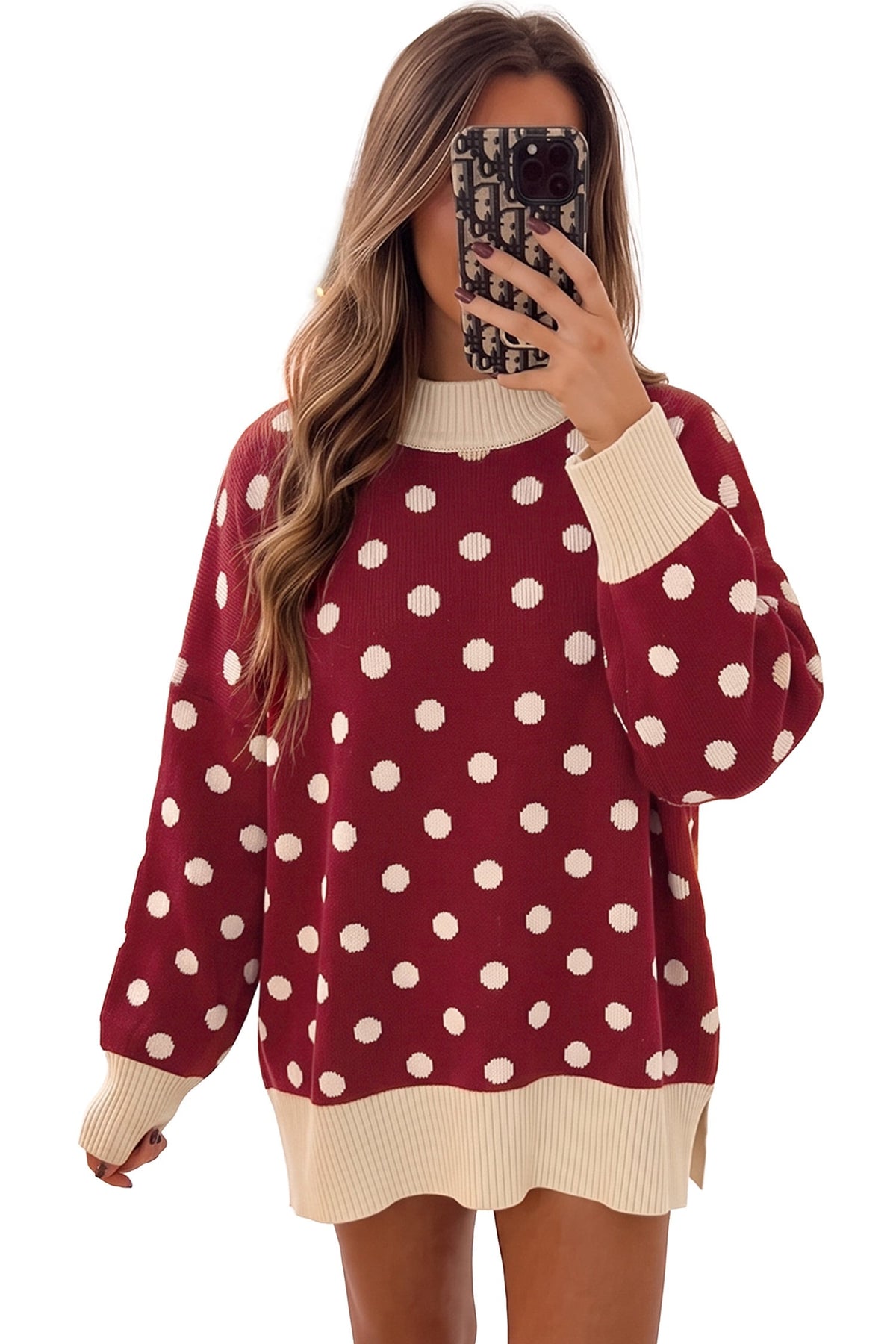 Red Polka Dot Pattern Ribbed Colorblock Trim Split Tunic Sweater