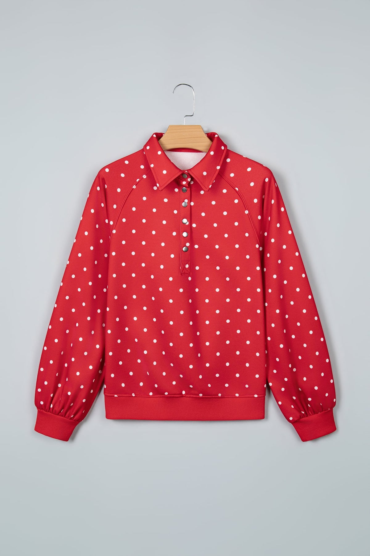Red Polka Dot Print Metal Button Collar Casual Pullover Sweatshirt