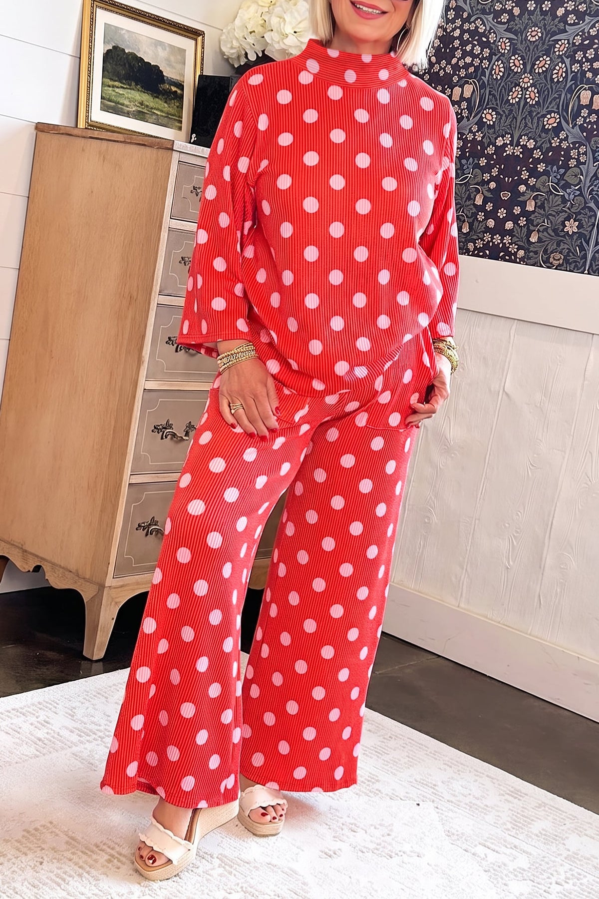 Red Polka Dot Ribbed Knit Mock Neck Pullover Two Piece Pants Set