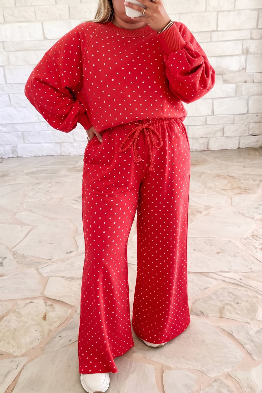 Red Polka Dot Round Neck Long Sleeve Plus Size Set