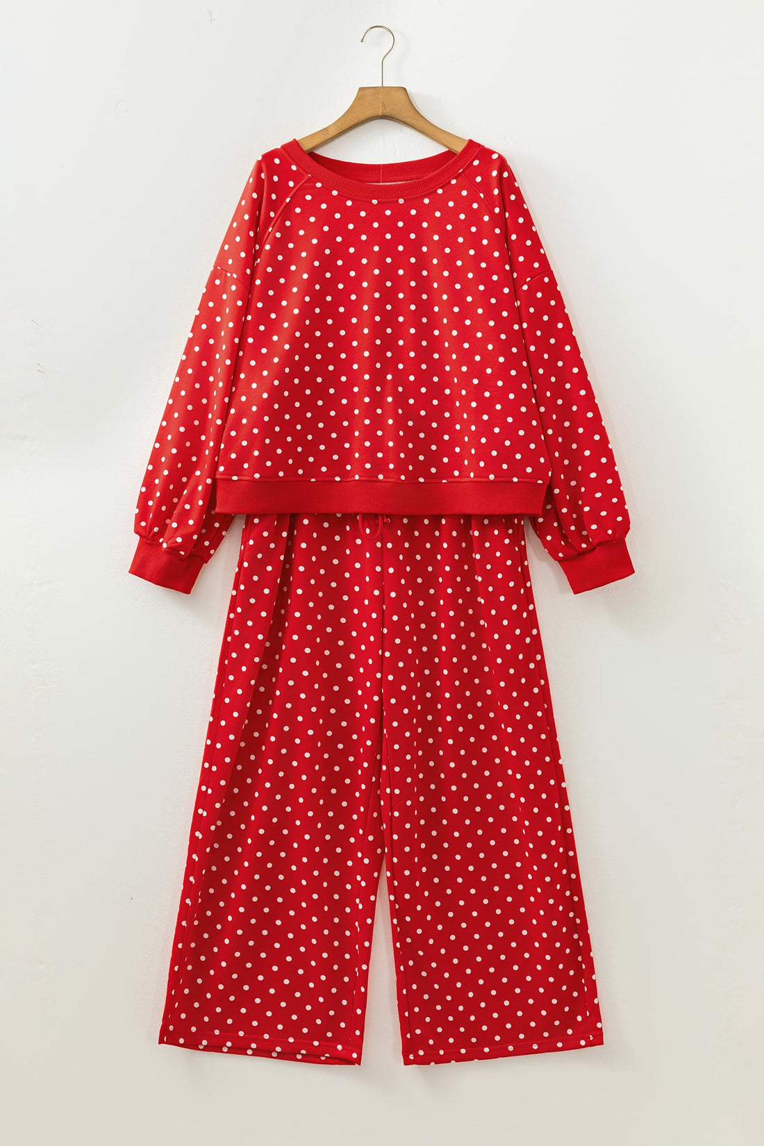 Red Polka Dot Round Neck Long Sleeve Plus Size Set