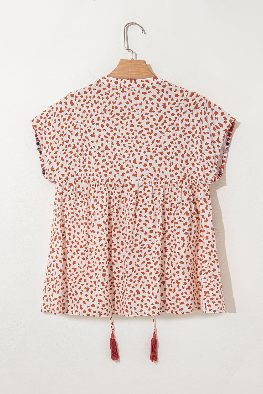Red Printed Embroidery Detail Tie Split Neck Blouse