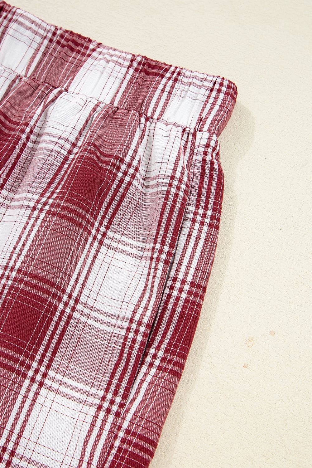 Red Retro Plaid Long Sleeve Shirt Drawstring Shorts 2pcs Lounge Set