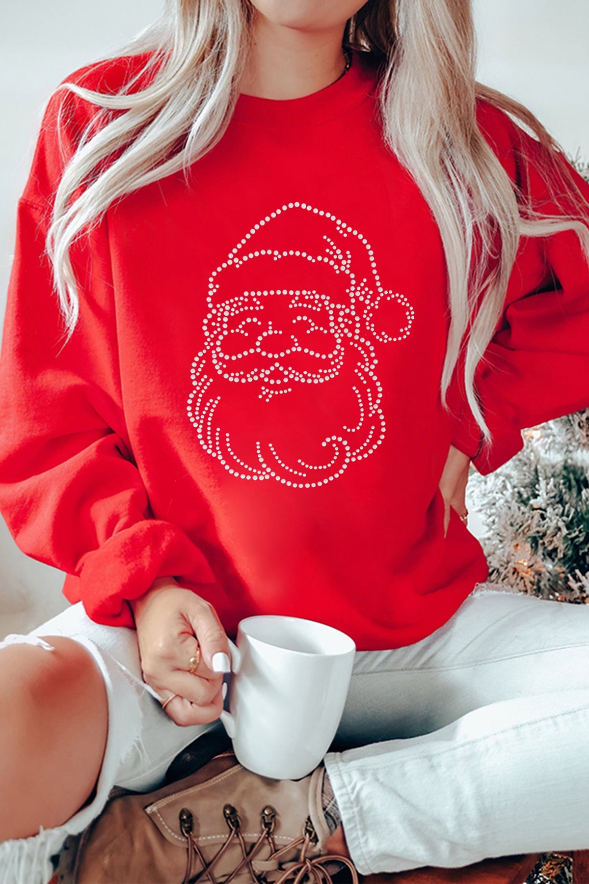 Red Rhinestone Santa Crewneck Holiday Festive Sweatshirt
