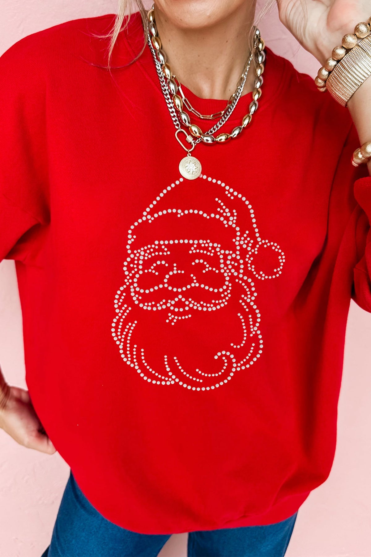Red Rhinestone Santa Crewneck Holiday Festive Sweatshirt