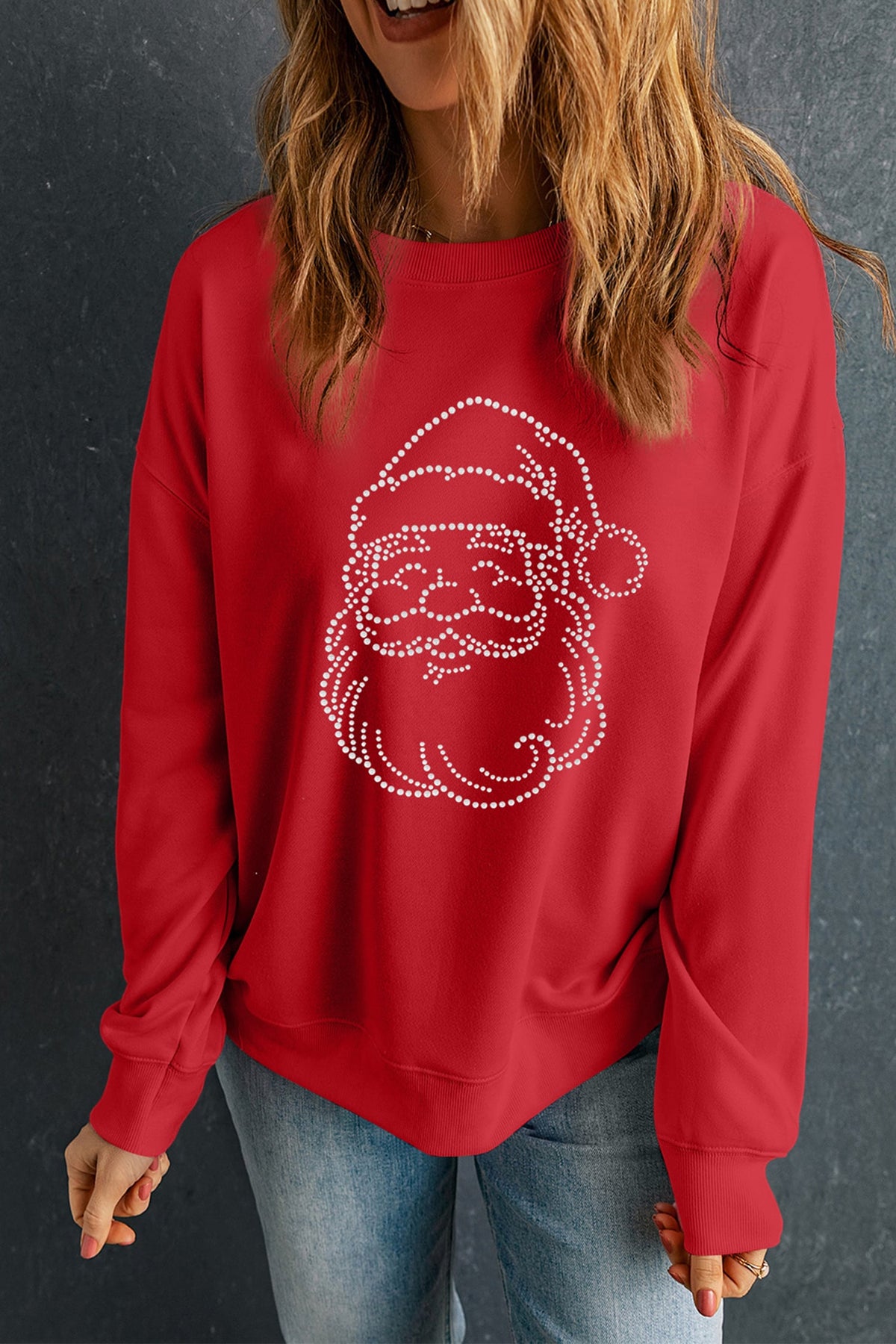 Red Rhinestone Santa Crewneck Holiday Festive Sweatshirt