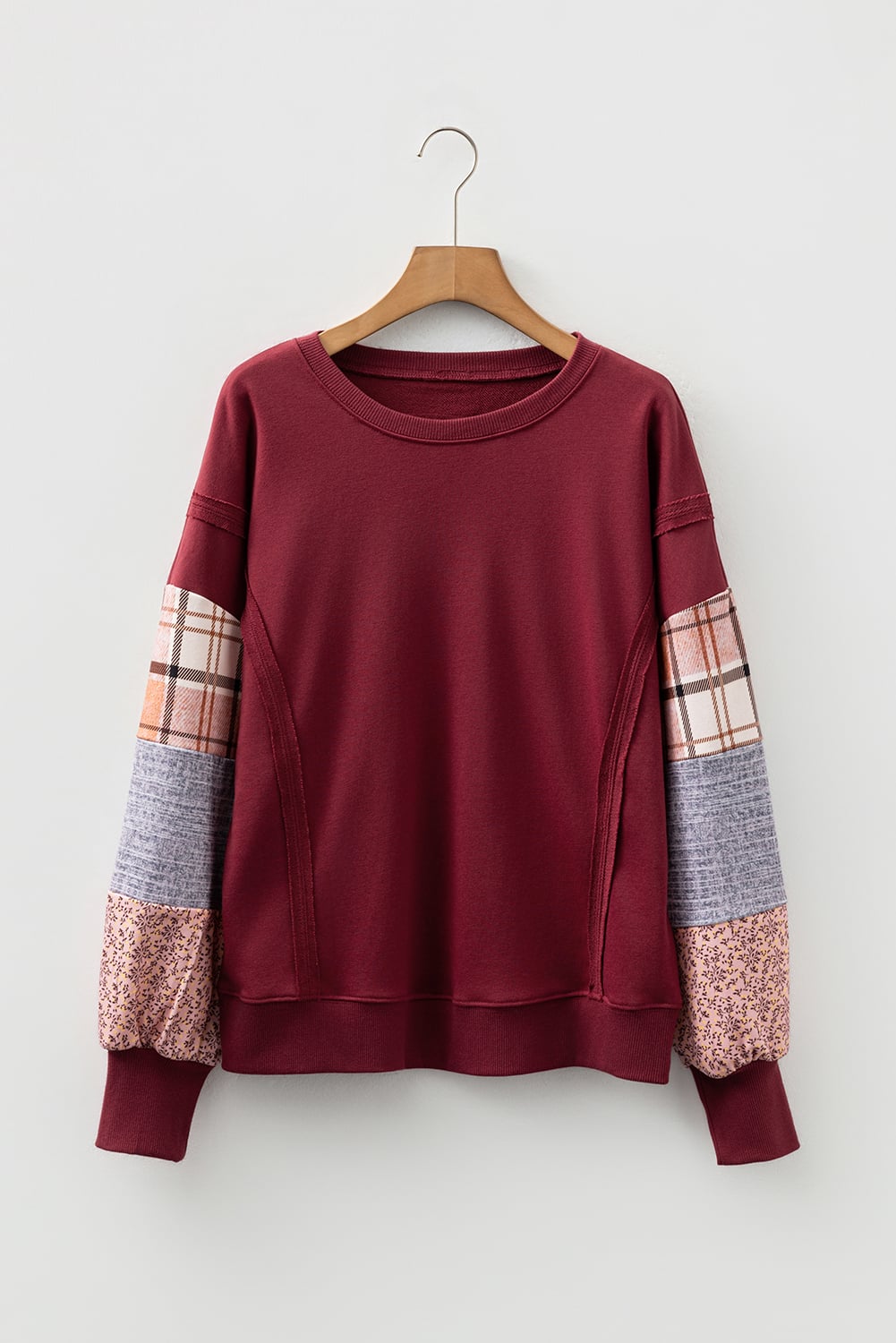 Red Sandalwood Plaid Colorblock Patchwork Sleeve Raw Seam Sweatshirt