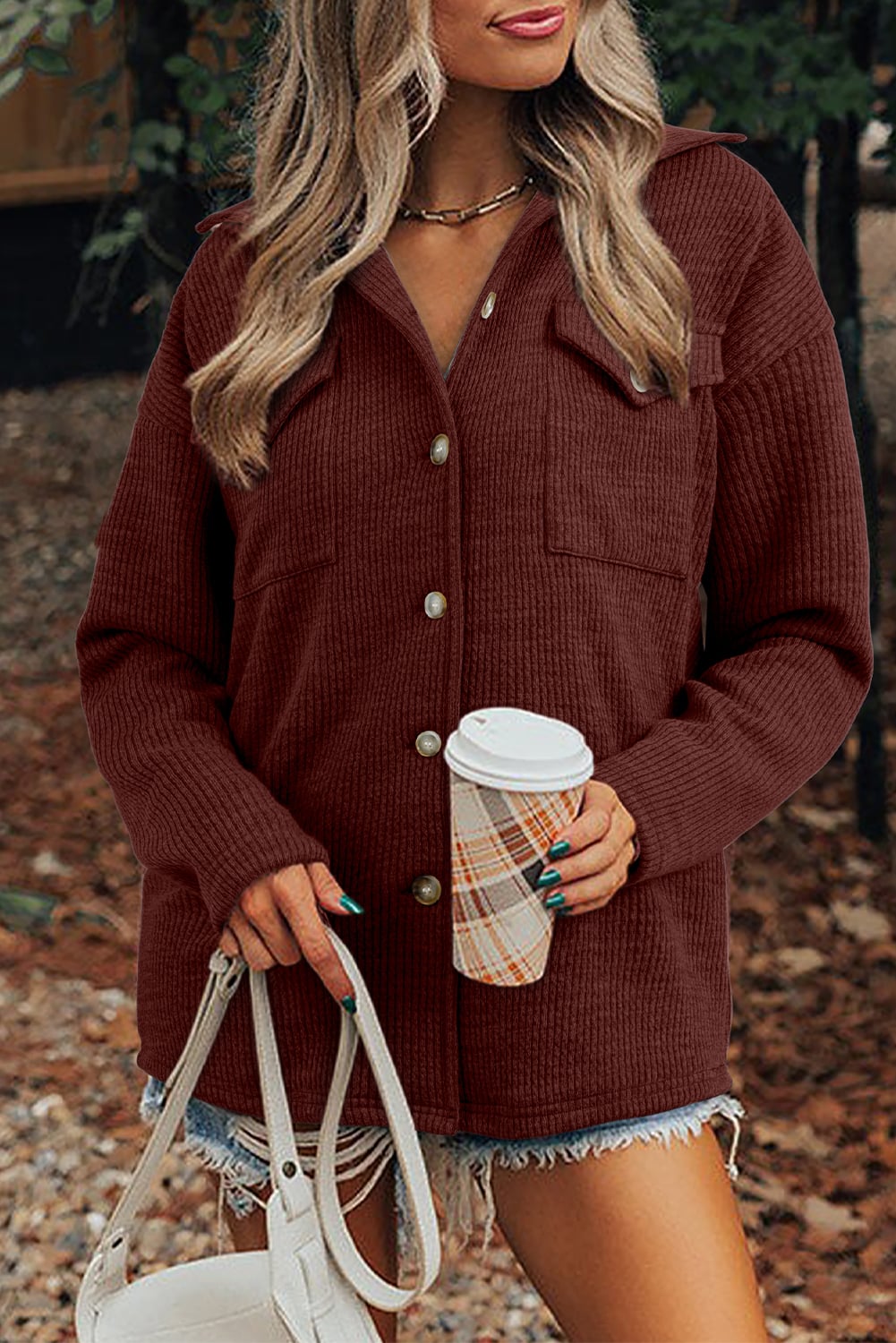 Red Sandalwood Ribbed Knit Buttons Front Flap Pocket Casual Shacket